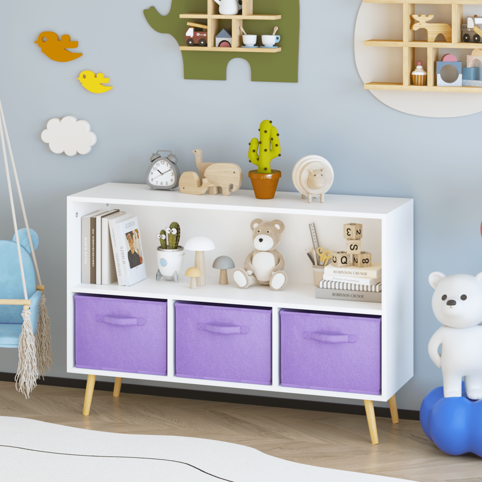 Kids Bookcase with Collapsible Fabric Drawers, Children Book Display & Toy Storage Organizer, White/Purple, Anti-Tip Safety Cabinet