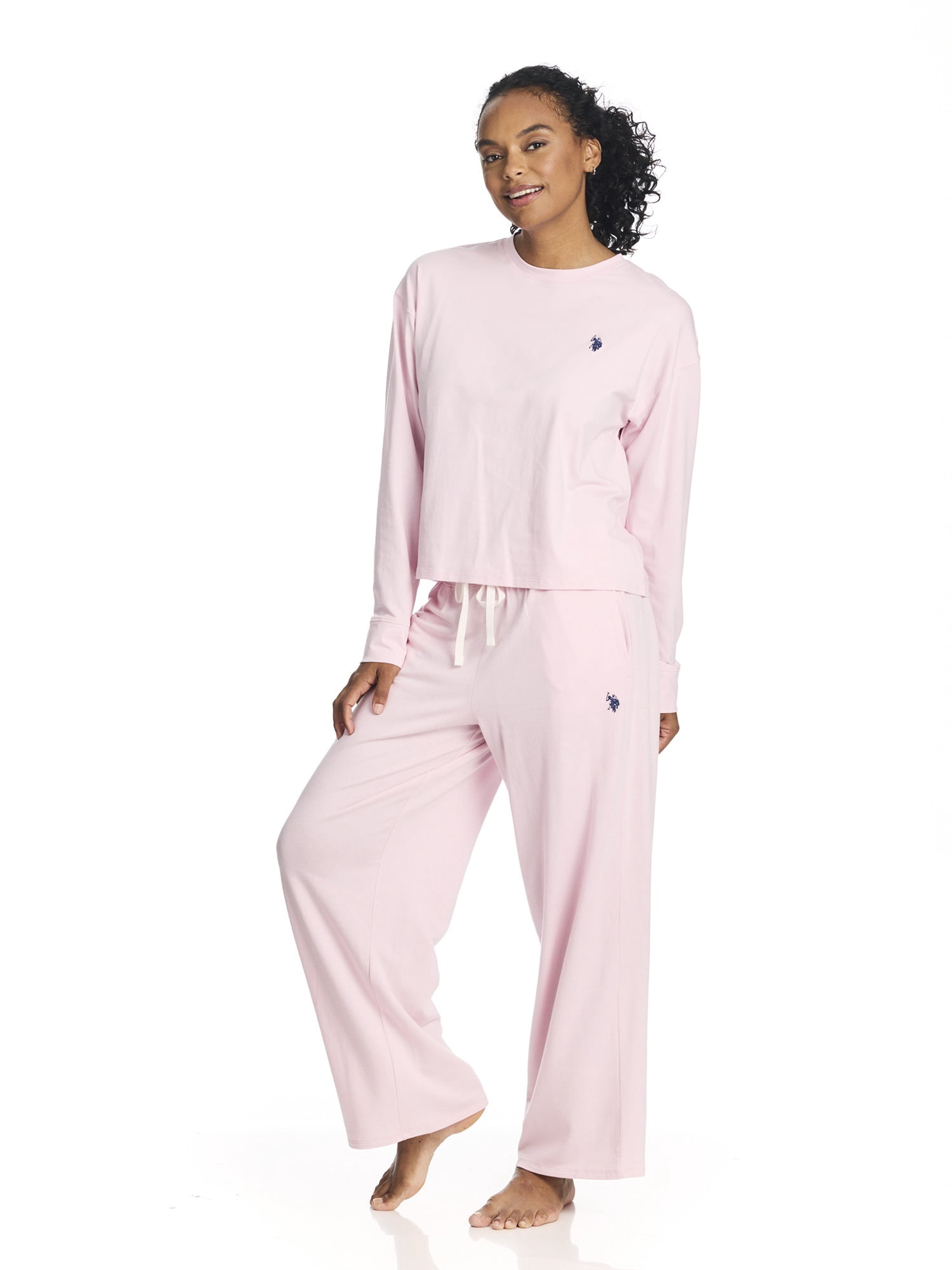 U.S. Polo Assn. Women's Long Sleeve Cotton Span Top and French Terry Wide Leg Pant Pajama Sleep Set, 2-Piece, Sizes S-3X