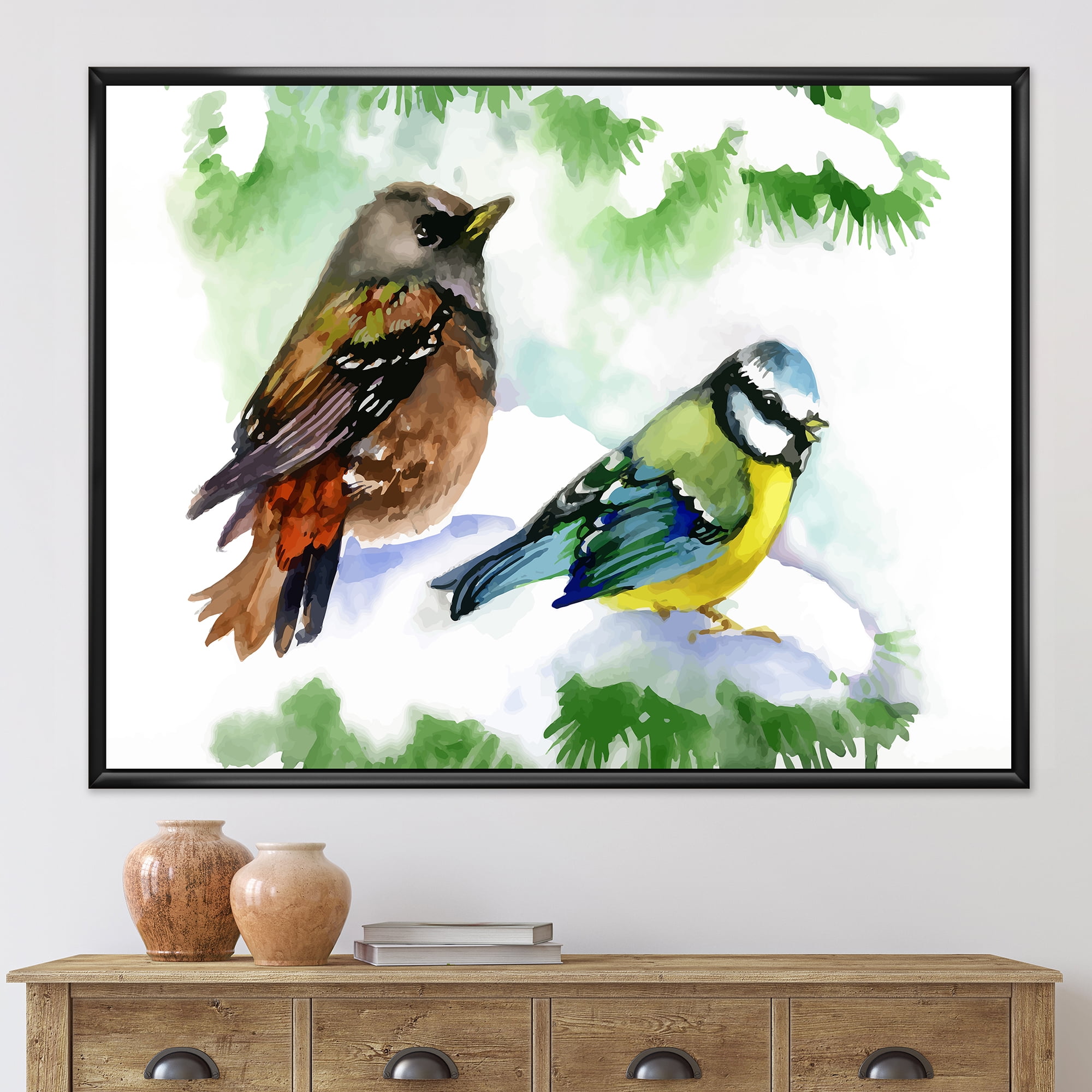 Designart 'Forest Birds Sitting On Snowy Fir Tree Branch' Traditional Framed Canvas Wall Art Print