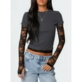 thumbnail image 2 of Women'S T-Shirt Slim Fit Lace Panel Sleeves Crop Top with Thumb Hole Round Neck Y2K Style for A Trendy Look Dark Gray L, 2 of 5