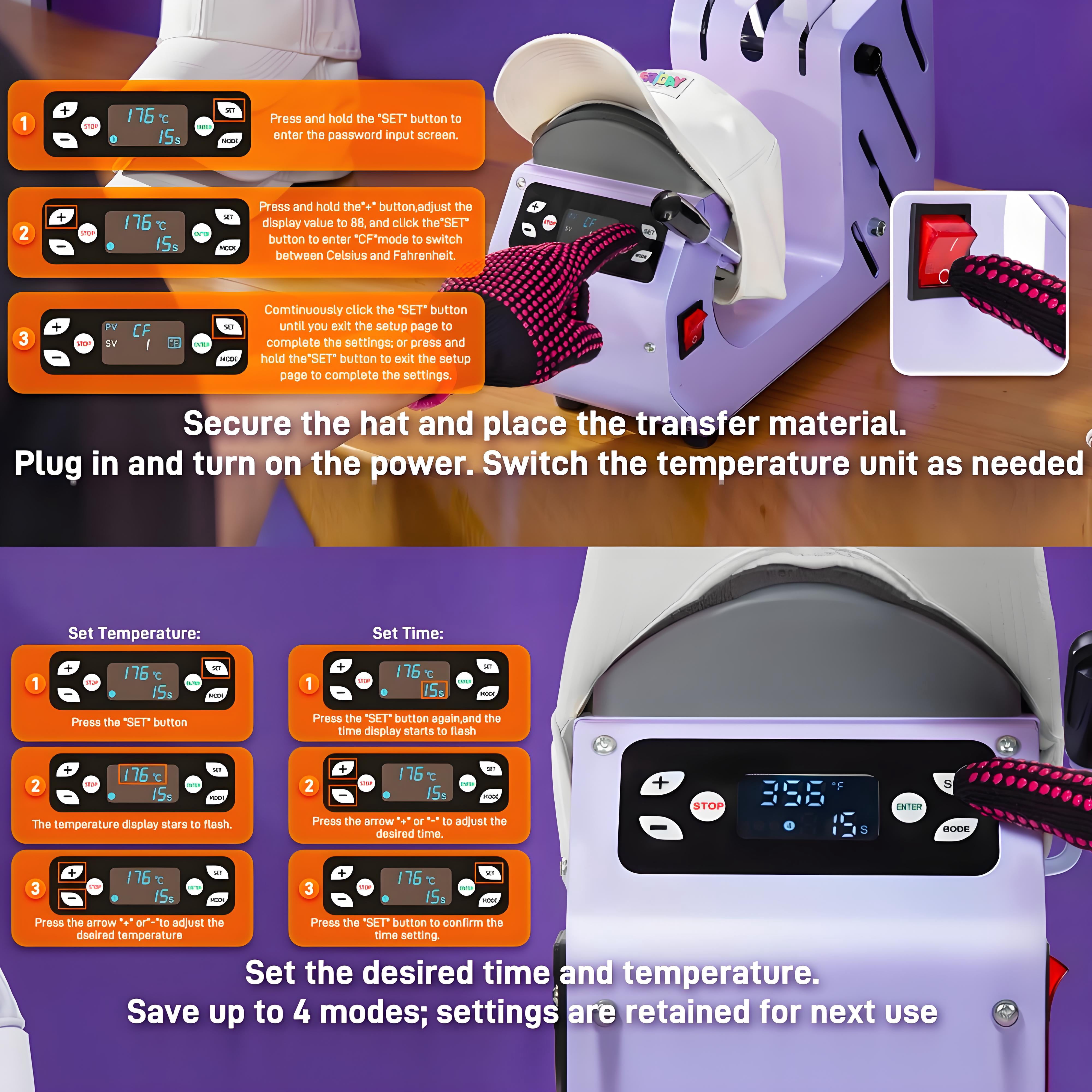 Hat Heat Press Machine,GOCHIFIX Automatic Hat Heat Press with 2pcs Interchangeable Platens for Caps Hats T-Shirts and HTV Iron On and Sublimation Projects,Purple