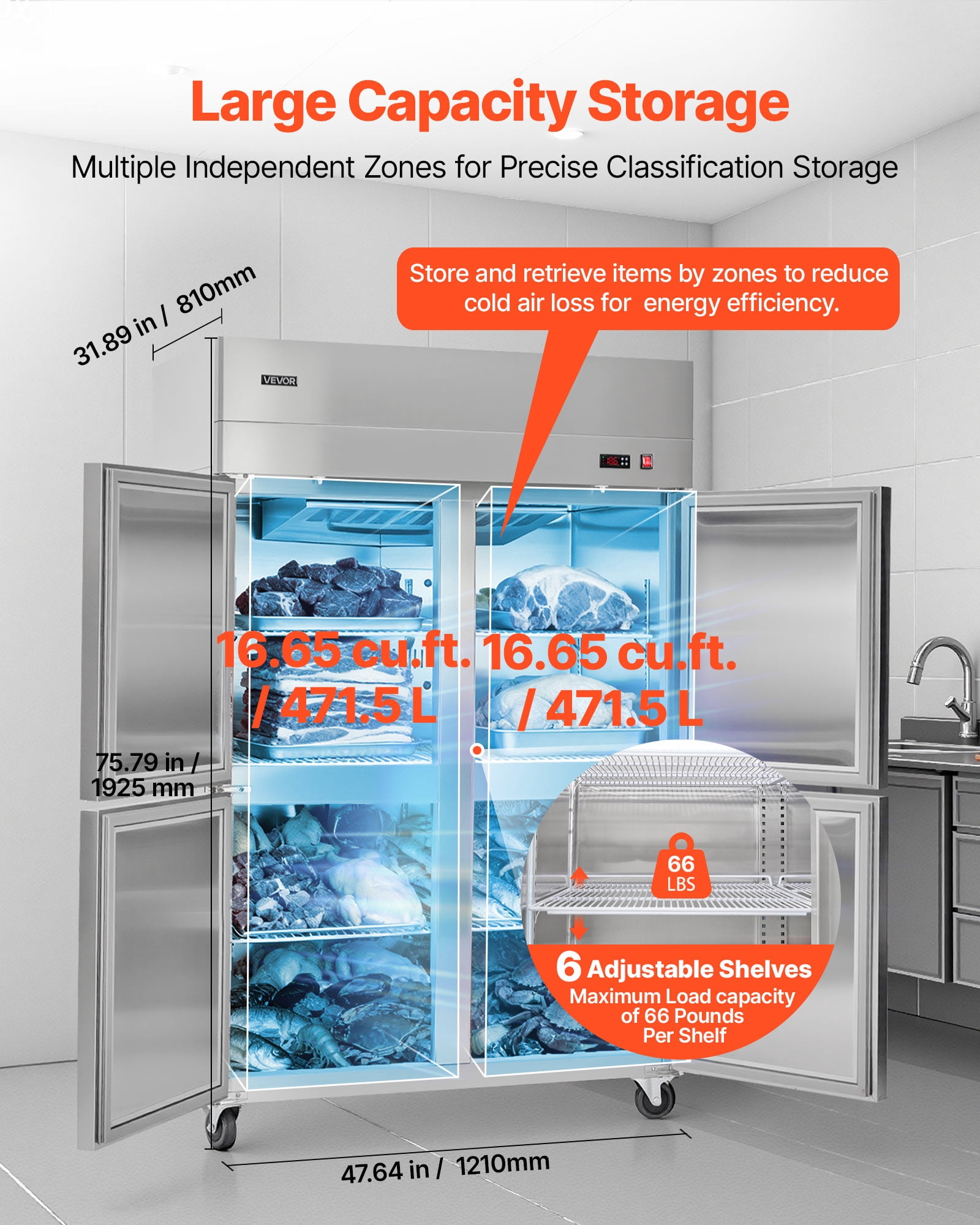 VEVOR Commercial Reach-In Freezer, 48" W, 33 Cu.Ft Stainless Steel Upright Freezer, with 4 Doors, Auto-Defrost, 6 Adjustable Shelves, -11 to 14℉ Temp Control, UL Certified