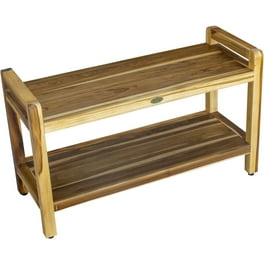 Rectangular Teak Shower Bench with Shelf and Handles in Brown Finish Rectangular Teak Shower Bench with Shelf and Handles in Brown Finish