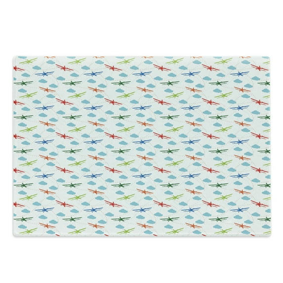 Airplane Cutting Board, Travel Around the World Theme with Colorful Retro Biplanes Air Route Dashed Lines, Decorative Tempered Glass Cutting and Serving Board, Large Size, Multicolor, by Ambesonne