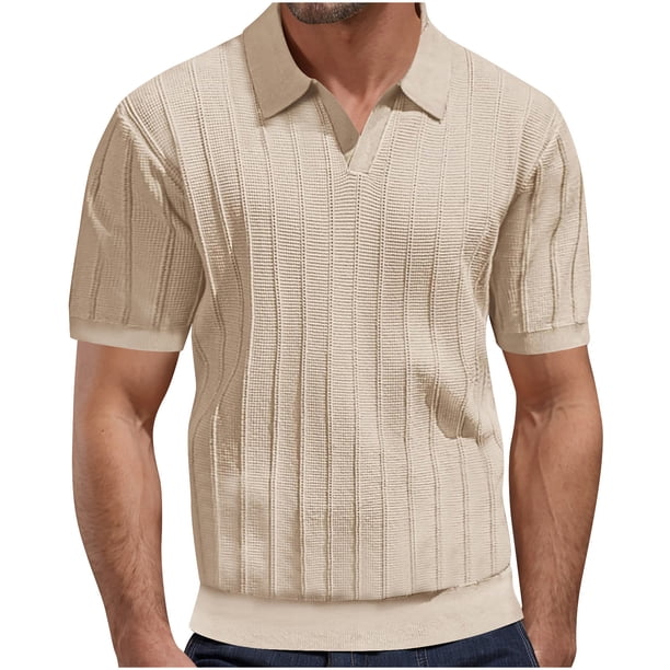 Blusas y camisas de manga corta con cuello en V para hombre, camiseta de punto a rayas con agujeros y malla, camiseta de manga corta con cuello en V, camisa de color liso para hombre.