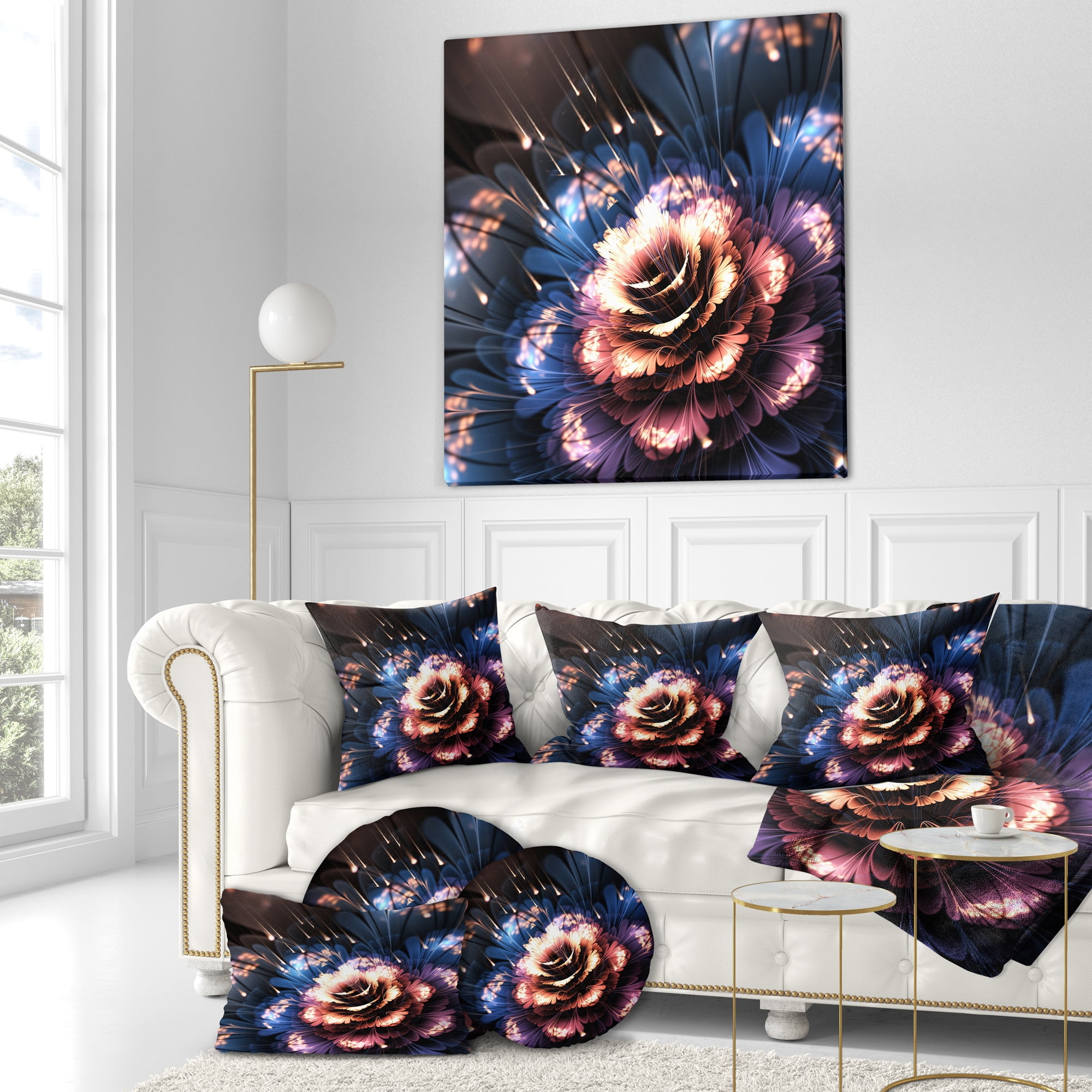 Designart Fractal Flower Orange and Blue - Floral Throw Pillow - 16x16