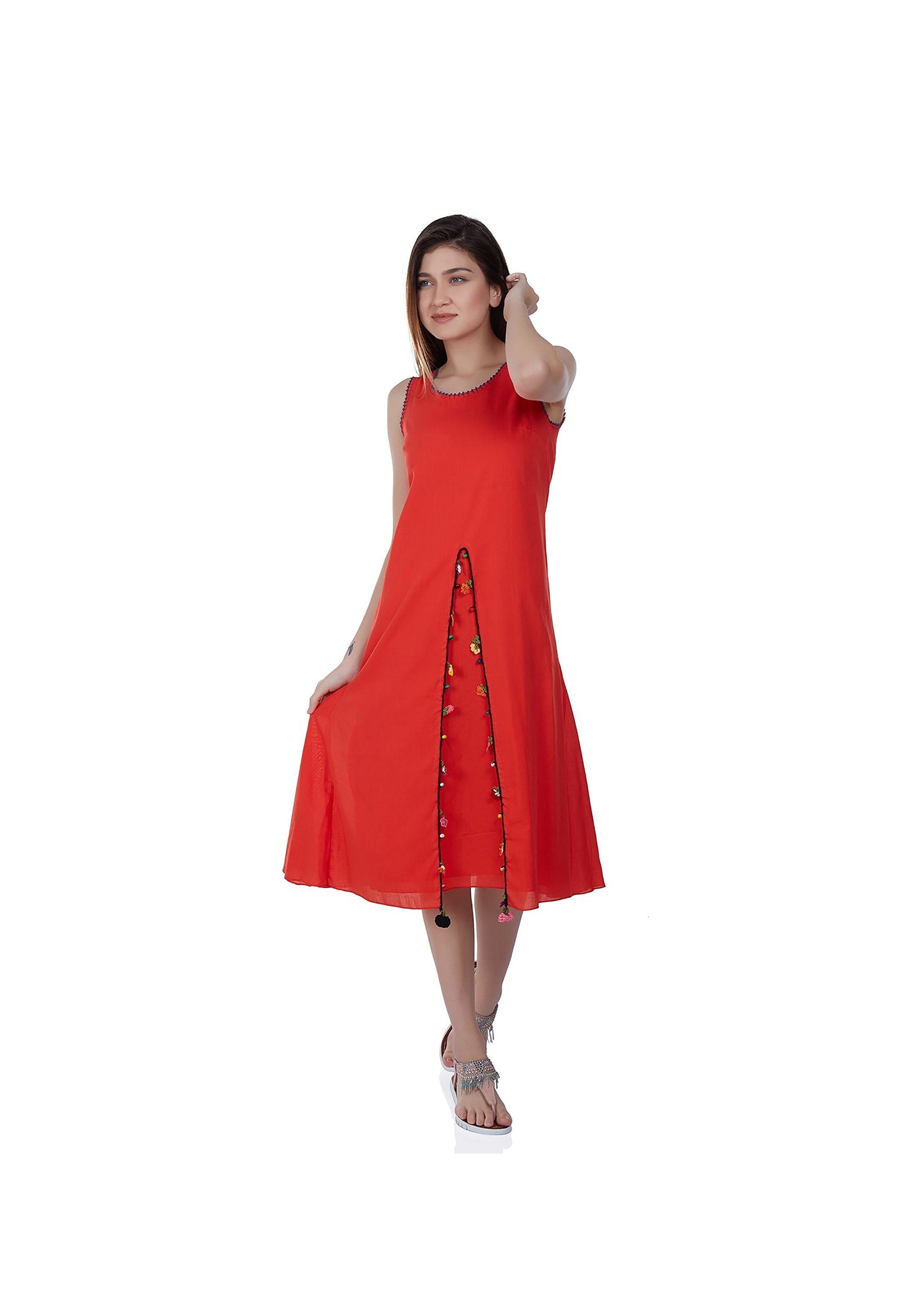 Feronia's Red Embroidered Midi Summer Dress, Sleeveless Lace Dress