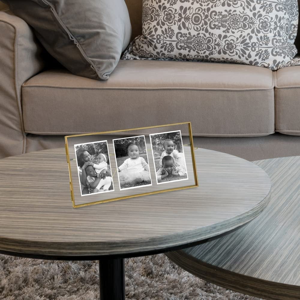 Isaac Jacobs 3-Photo Vintage Style Glass and Metal Floating Picture Frame Horizontal w/ Locket Closure; Fits 3 2x3 photos
