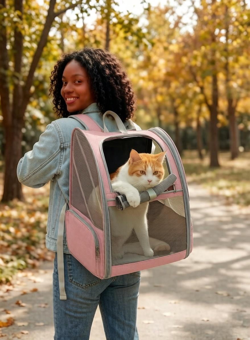 Pet Backpack Carrier for Small Dogs & Cats | Up to 15lbs Capacity | Foldable with Breathable Mesh Windows | Ideal for Travel, Hiking & Outdoor Adventures（Pink）