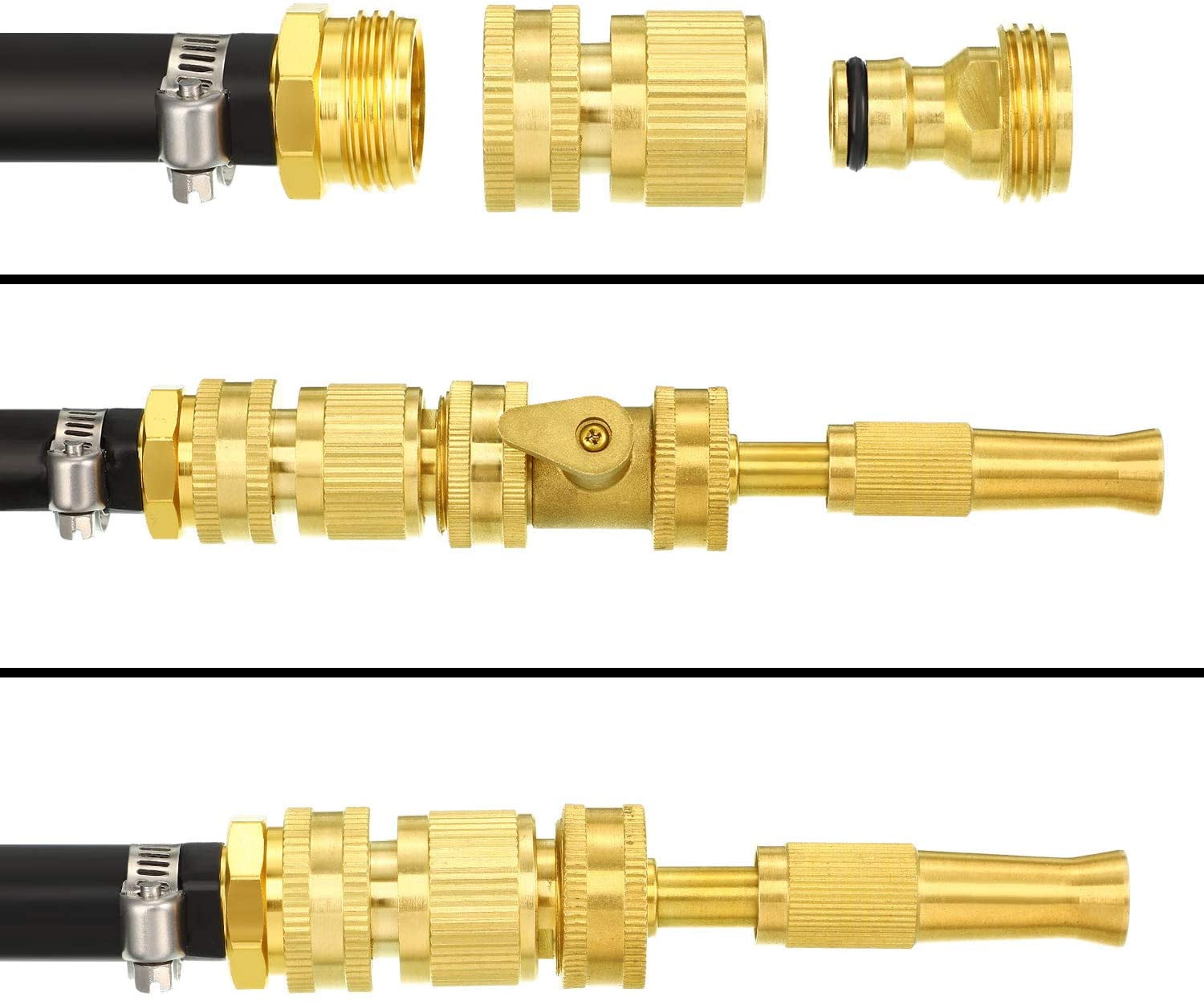 Honoson 5 Set Garden Hose Quick Connect Fittings Solid Brass Quick Connector 3/4 Inch GHT Garden Water Hose Connectors with Extra Rubber Washers, Male and Female