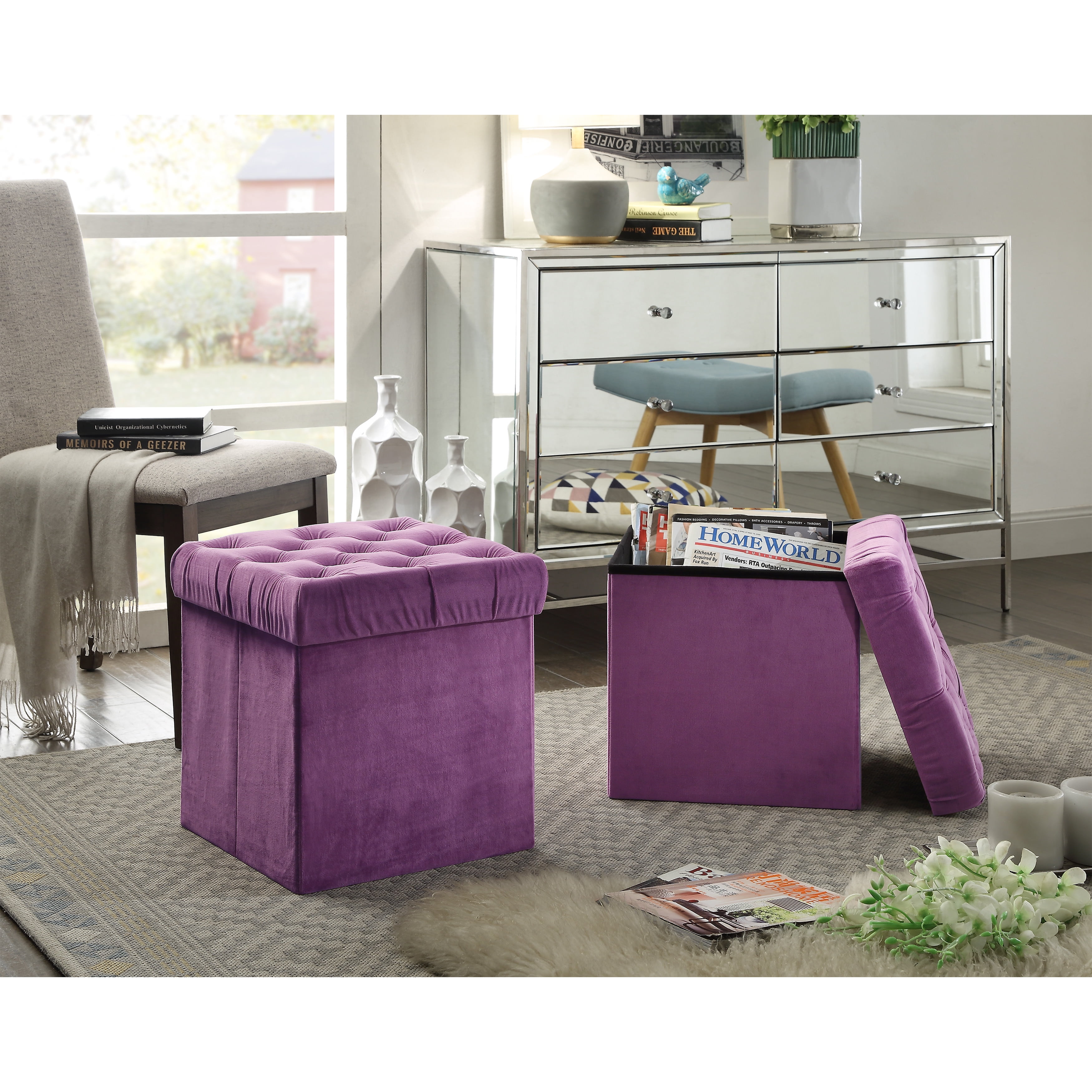 Foldable Storage Ottoman Cube Foot Rest, Purple (2 Pack)