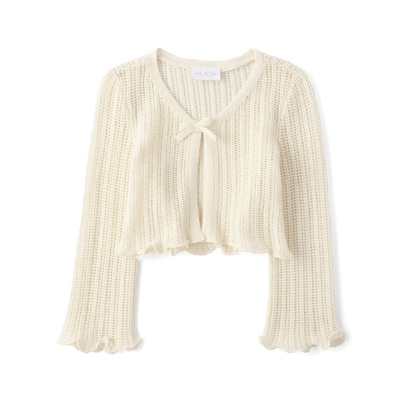 The Children's Place Girls Long Bell Sleeve Lettuce Pointelle Cardigan, Sizes XS-XXL