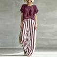 thumbnail image 3 of Idoravan Women Clothes 2 Piece Sets for Women Summer Pants and Top Women’S Fashion Round Neck Short Sleeve Pinstripe Pocket Elastic Waist Long Pants Sets, 3 of 7