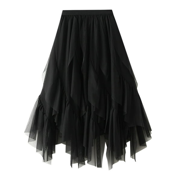 Fgnfyis Women's A Line Fairy Elastic Waist Tulle Midi Skirt High Waist Skirts Mesh Dress Solid Color Irregular Yarn Skirt Skirts for Women Trendy Black One Size