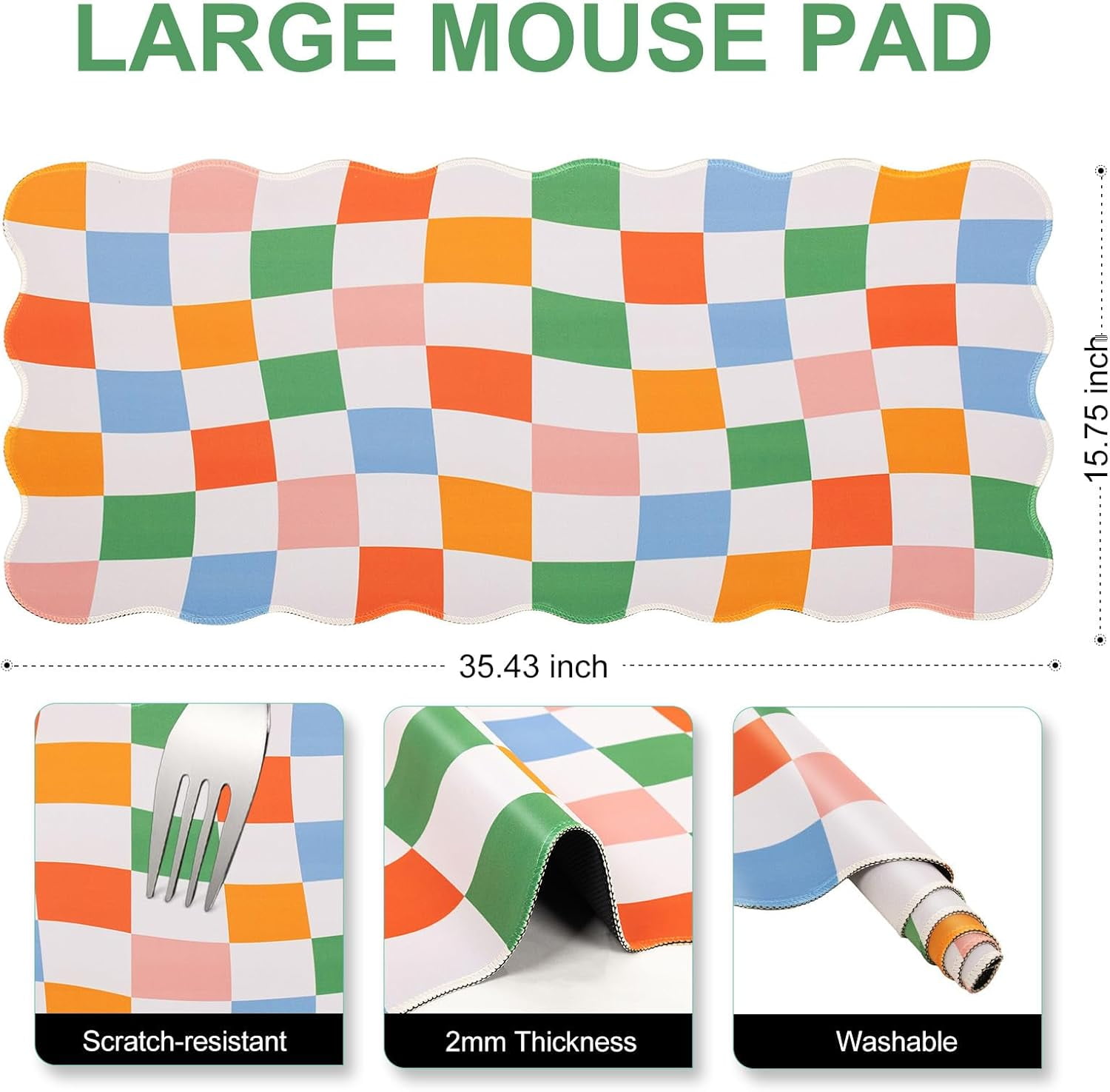 Checkered Mouse Pad,Geometric Desk Mat XXL Large Scalloped Gaming Mousepad,35.4x15.7in Non-Slip Base Keyboard Pad Waterproof Desktop Mat for Laptop Computer Game Home Office-Checkered