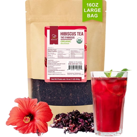 Soeos Organic Hibiscus Flower Herbal Tea, 1lb (16oz), Loose Leaf, Caffeine-Free