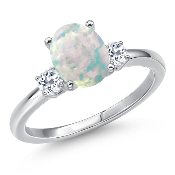 Gem Stone King 14K White Gold Simulated White Opal and White Topaz Engagement Ring for Women | 1.28 Cttw | Oval Cabochon 9X7MM | Gemstone October Birthstone | Size 5