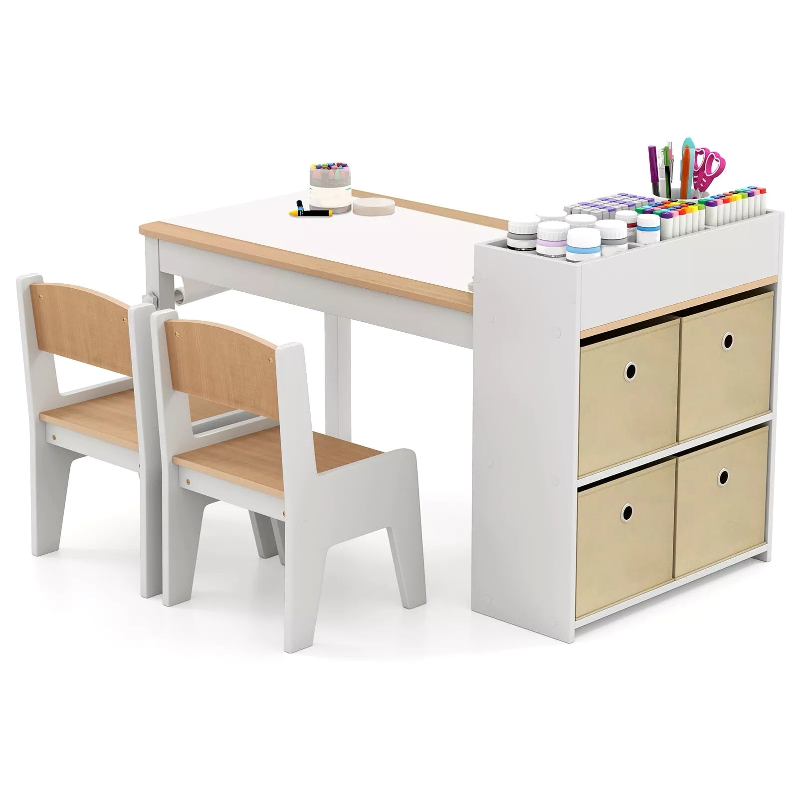 Auranook Kids Art Table and Chairs Set, Drawing Table with 2 Chairs, Storage Compartments & Open Shelves, 4 Fabric Bins