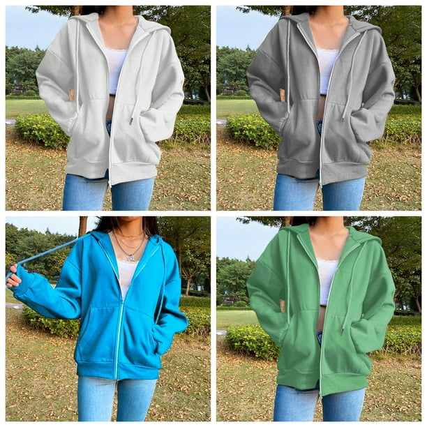 Pudcoco Women's Long Sleeve Solid Color Plush Lined Loose Zip Up Hoodies 