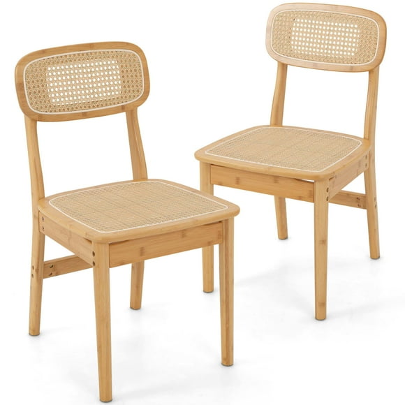 Costway Juego de 2 Sillas de Ratán, Sillas Modernas con Respaldo y Asiento de Ratán Tejida, Estructura de Bambú Natural, Patas Robustas con Almohadillas para Salón, Comedor, Estudio, Natural