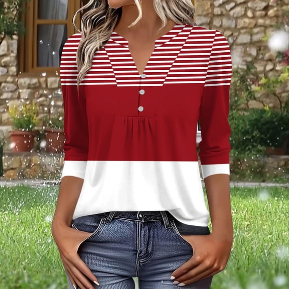 Blouse for Women Gradient Ombre Printed V Neck 3/4 Sleeve Button Down Loose Fit Casual Office Workwear Tunic Top