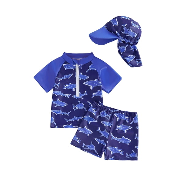 BemeyourBBs Toddlers Baby Boys 3 Piece Swimsuit Infant Bathing Suit Swim Shirt Trunk Shorts Set and Sun Hat Short Sleeve Shark Swimwear Sunsuit UPF 50  Rash Guard