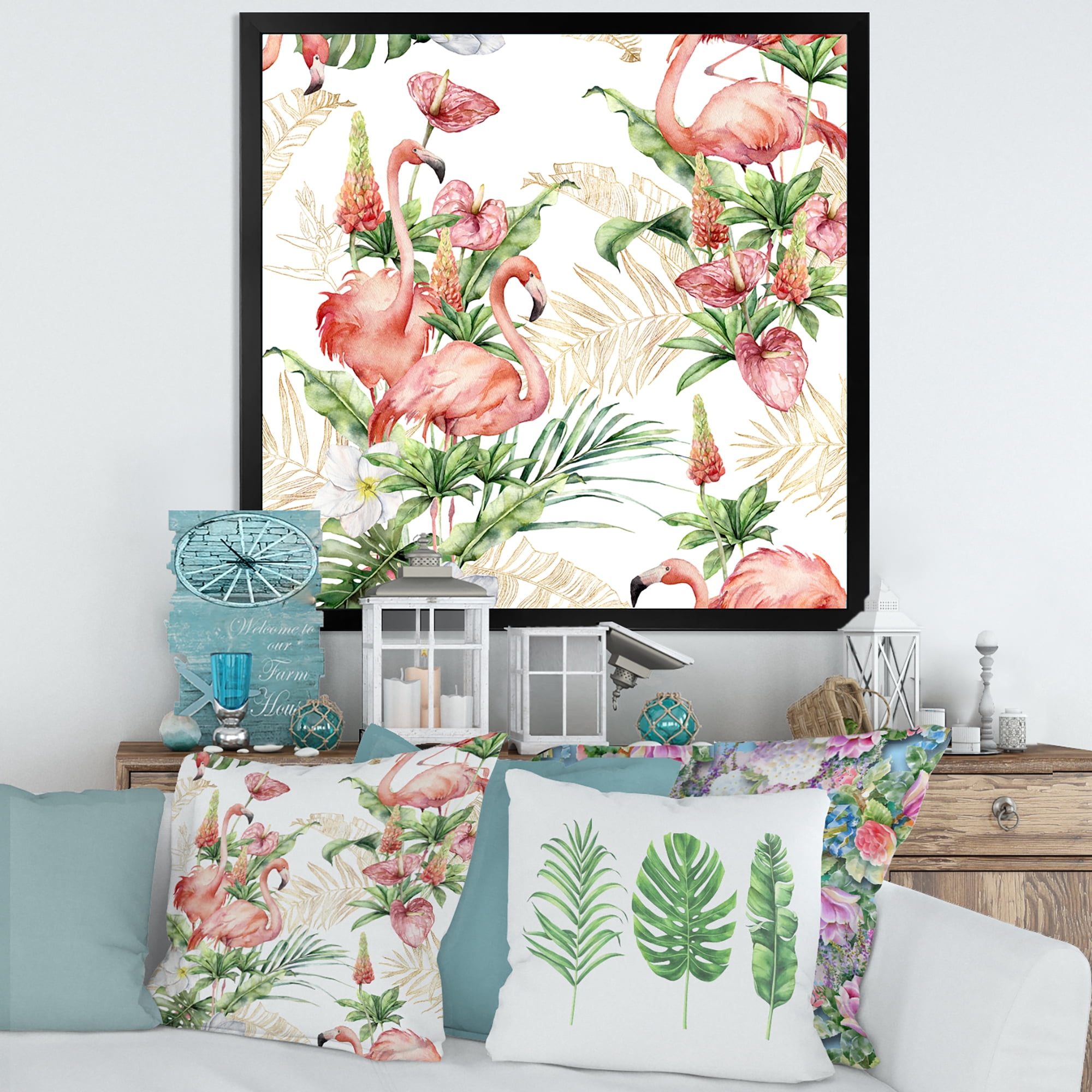 Designart 'Tropical Flowers & Gold Leaves With Pink Flamingos' Traditional Framed Art Print