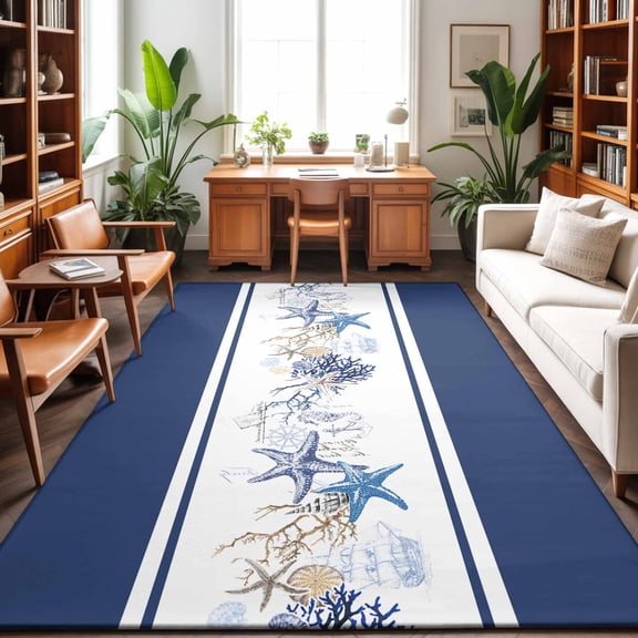 Area Rugs 5'x7', Coastal Navy Carpet Runner Indoor Outdoor Rugs Home Decor Aesthetic, Blue Starfish Coral Nautical Striped Non Slip Mats Washable Accent Rug for Living Room Bedroom