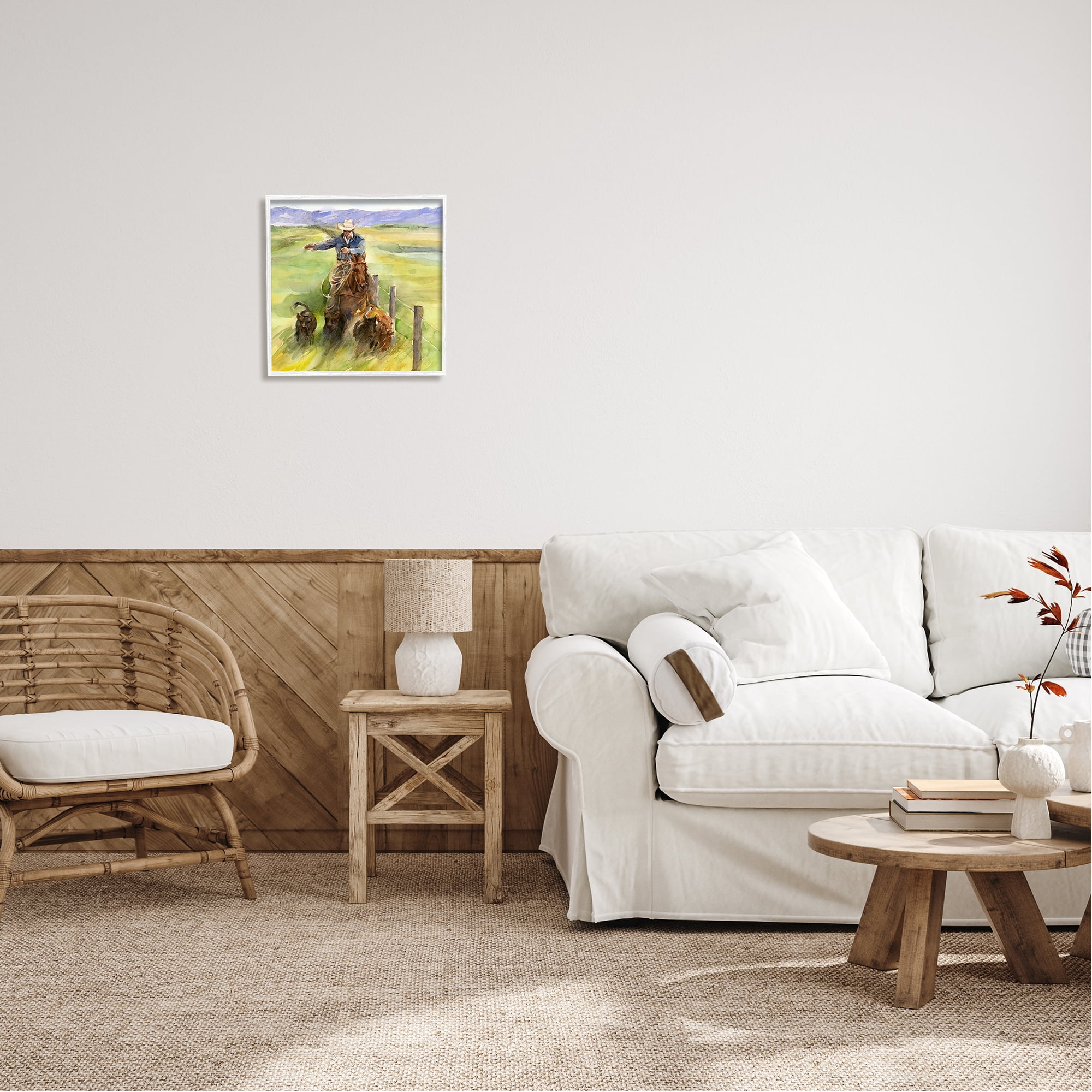 Stupell Industries Cowboy with Cattle Watercolor Animals & Insects Painting White Framed Art Print Wall Art, 17 x 17