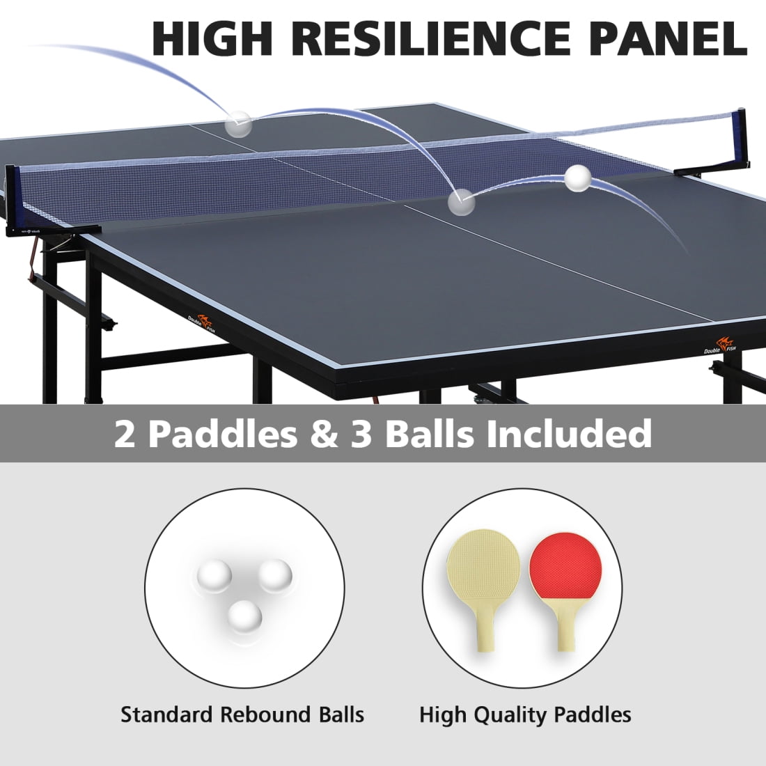 Double Fish 9 Foot Folding Table Tennis Table With 2 Paddles 3 Balls And Net Set Rollable Design With 8 Wheels For Easy Transport And Storage