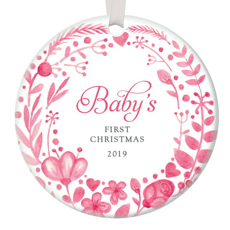 Baby Girl's First Christmas 2019 Ornament 1st Holiday Newborn Daughter Grandchild Infant Female Porcelain Keepsake Present Pretty Pink Wreath 3
