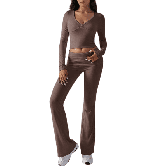 LYMAYTER Women Fashion Suit Long Sleeve V-Neck Sweatsuit Sets Fold Over Flare Pants Tracksuits Sets XS-XL
