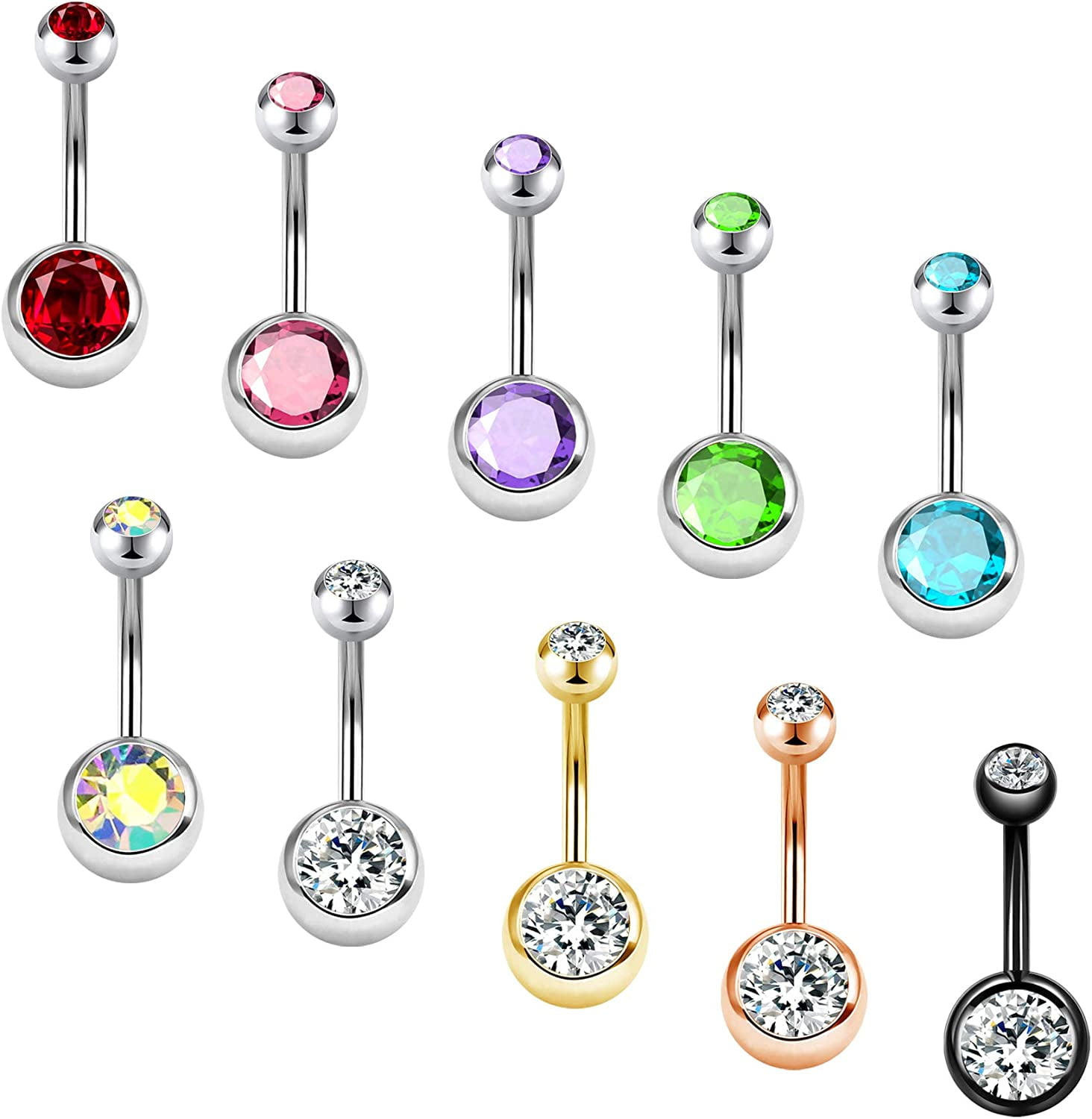 OUFER 10PCS Belly Button Rings Pack 14G Surgical Steel Shiny CZ Belly