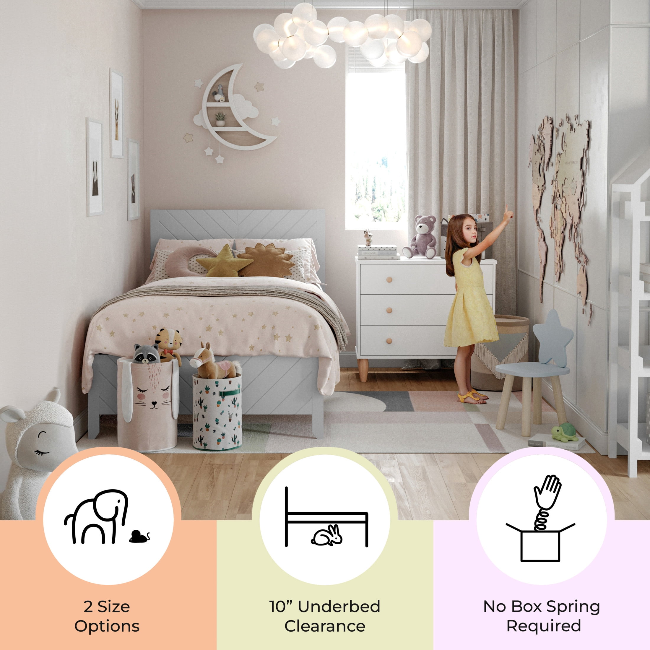 Buzz & Bloom Kids Twin-Size Platform Bed with Panel Headboard and Footboard, Gray