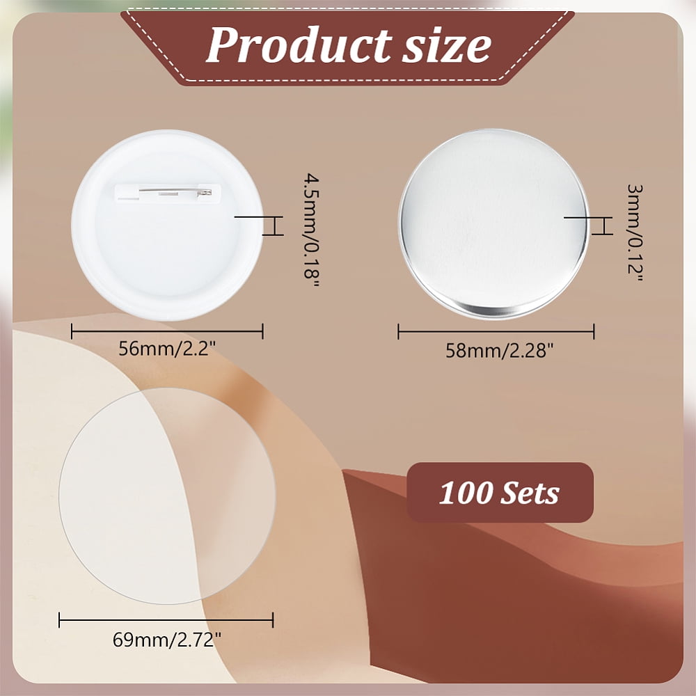 100 Sets Button Maker Supplies 2.28 Inch/ 58mm Pin Back Button Parts Includes Metal Cover Plastic Pin Backs Plastic Clear Film