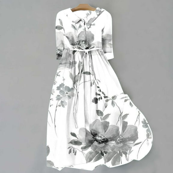 WFJCJPAF 2024 New Product Clearance! Dresses for Women Clearance under $10 Black and White,Women's Summer Printed Fashion 3/4 Sleeve Turndown Collar Dress - Gray S