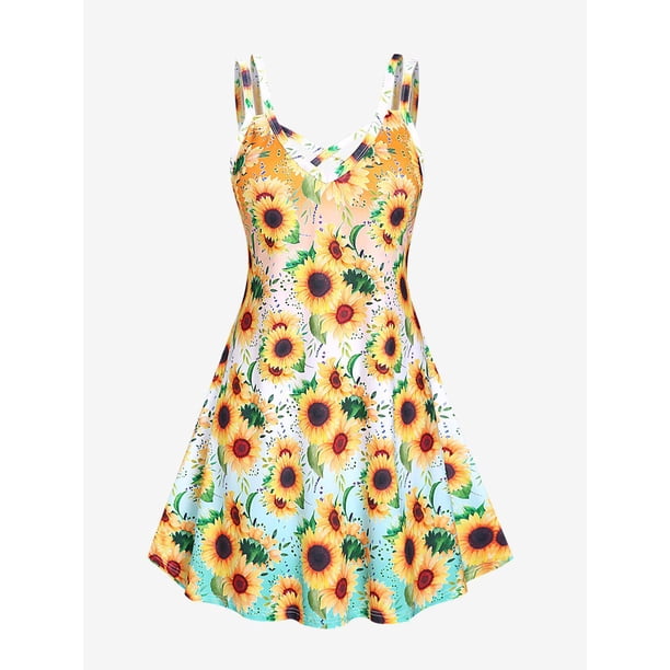 Vestido de Sol Talla Extra con Estampado de Girasol Rosegal Vestidos florales de talla grande