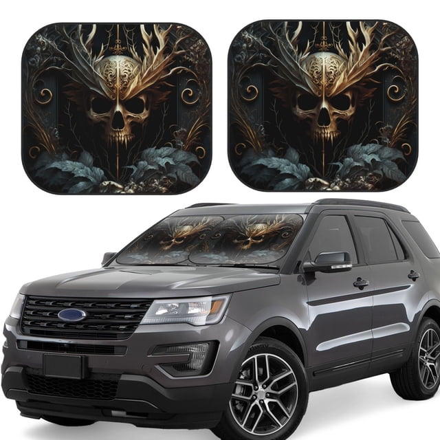 Saiise Vintage Ornate Skull for Foldable Car Sun Shades (2-Pack) Offer Sun Protection with an Easy-fold Design for Convenient Windshield Shading-Medium