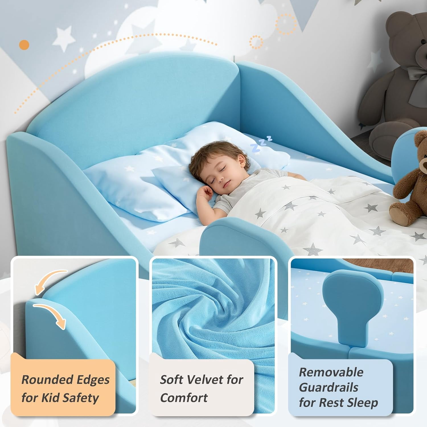 Toddler floor bed with removable safety rails, suitable for both boys and girls, standard crib size, soft-padded safety mattress, low-profile design (Blue).