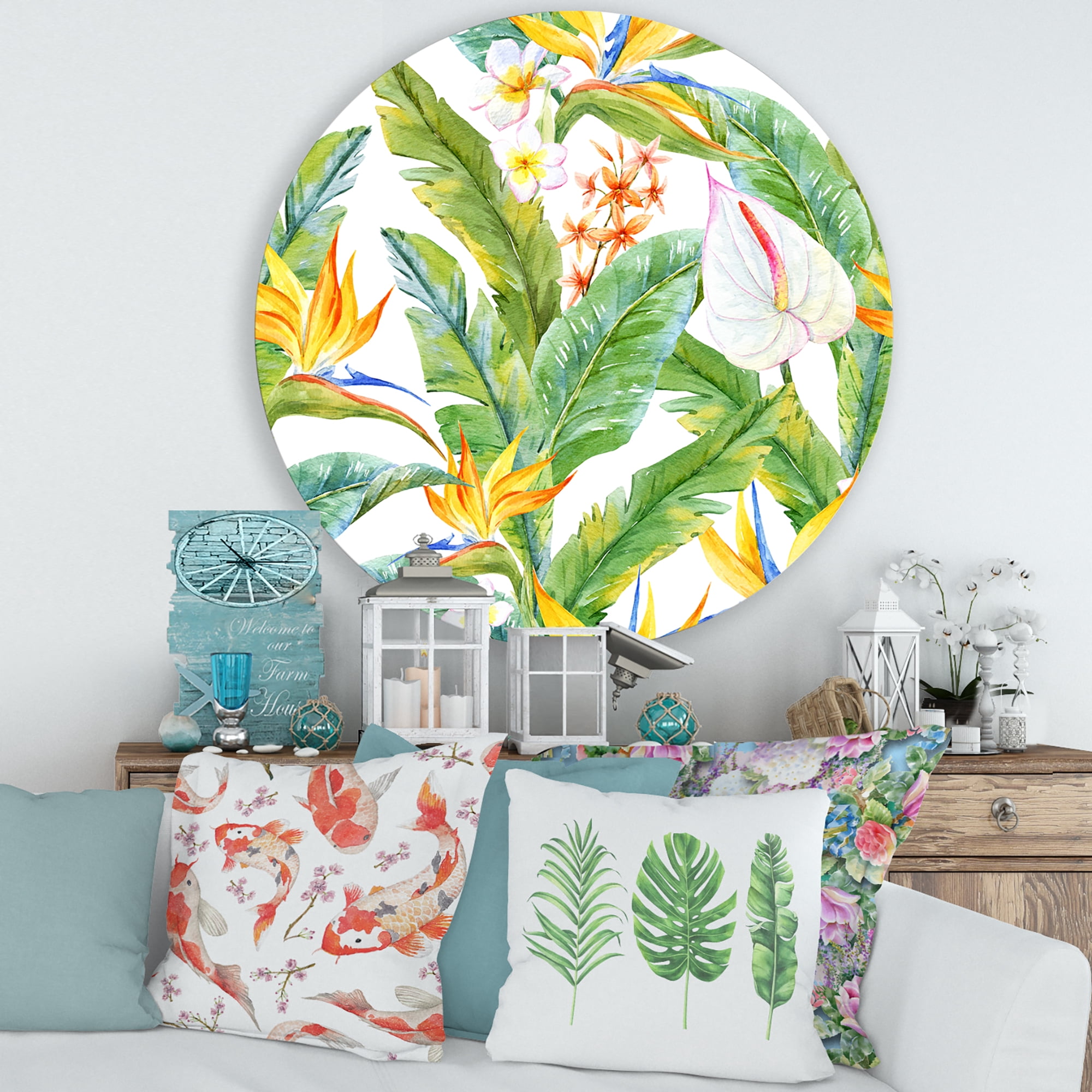Designart 'Yellow Flowers and Tropical Foliage II' Modern Circle Metal Wall Art 29x29 - Disc of 29
