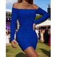 thumbnail image 2 of Ruched Off Shoulder Dress for Women - Bandeau Bodycon Long Sleeve Mini Dress Tight Fit Cocktail Party Date Night Clubwear, 2 of 5