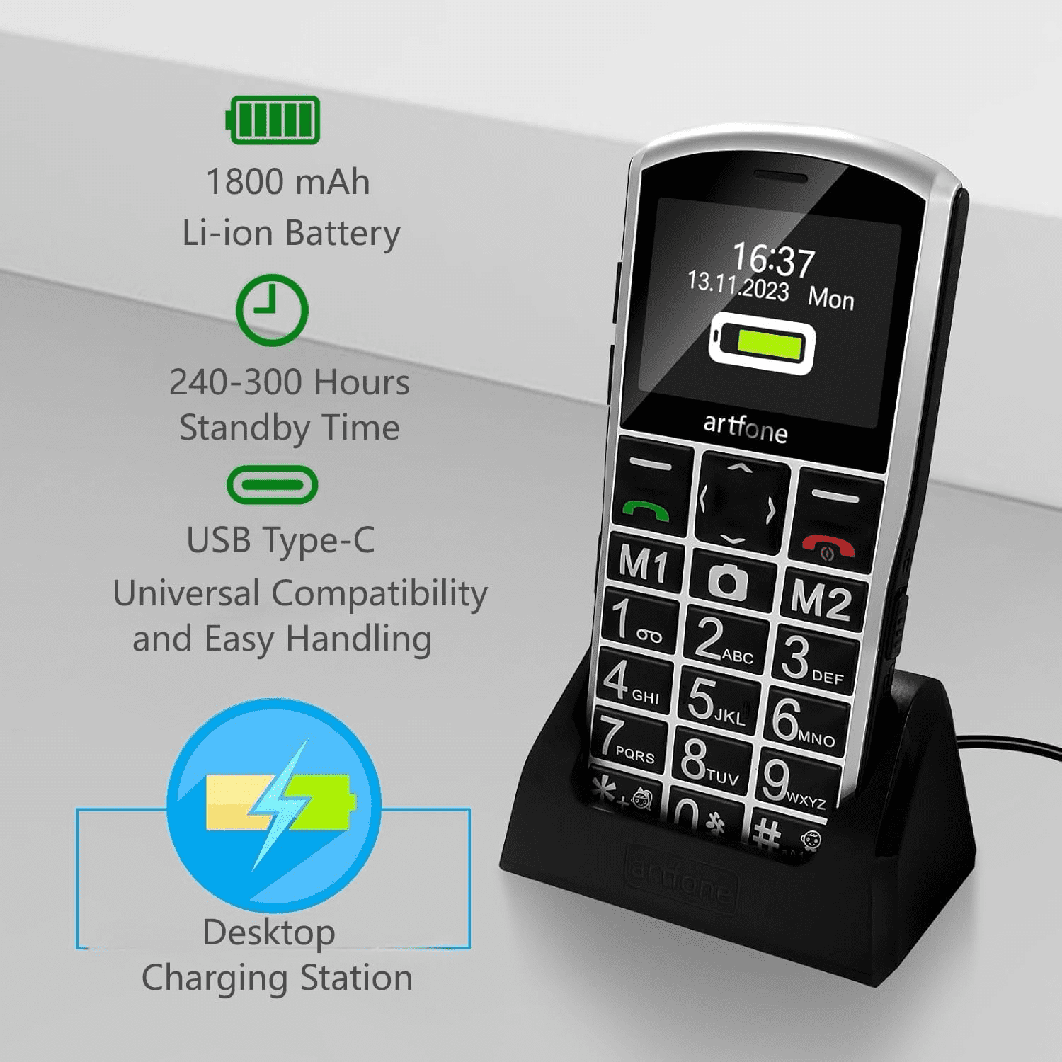 artfone A400 - 4G LTE Big Button Cell Phone for Seniors, T-Mobile Unlocked Phone, Senior Mobile Phone, Dual SIM, SOS Button, 2MP Camera, Charging Dock, Talk and Text Only, Dumb Phone, 1800mAh, Silver