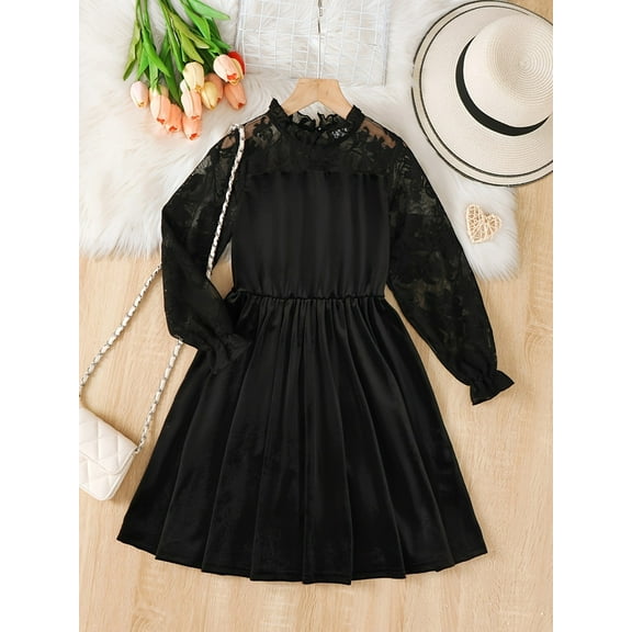 Mikrdoo Tween Girls' Elegant Black Velvet-Trimmed Lace Long Sleeve Dress One Piece Flare Dress Perfect for Parties Holidays 12