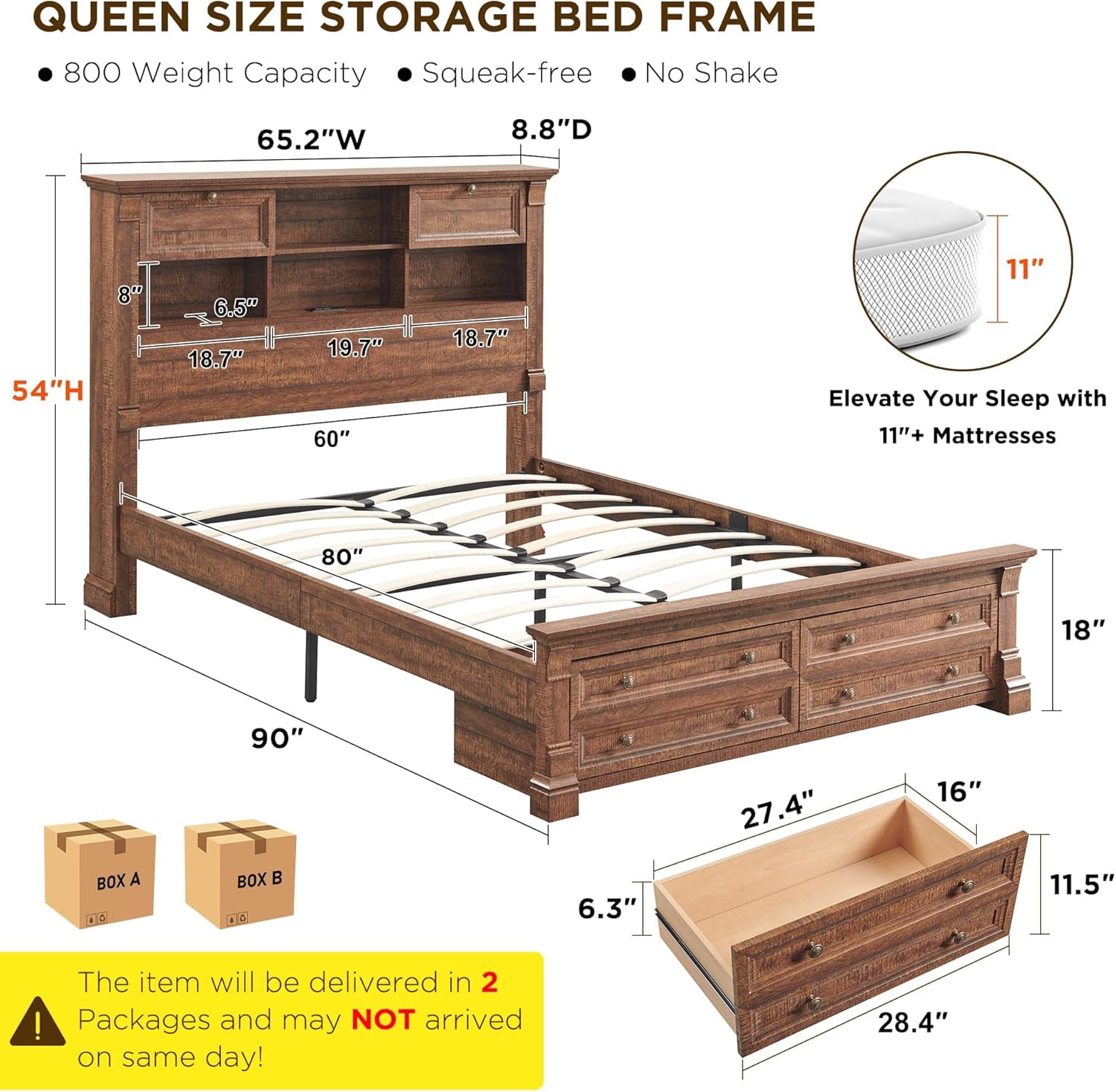 KeyWhat Farmhouse Queen Size Bed Frame with 54" Tall Storage Bookcase Headboard, Wood Platform Bed Frame with 2 Drawers, No Box Spring Needed, Reclaimed Barnwood