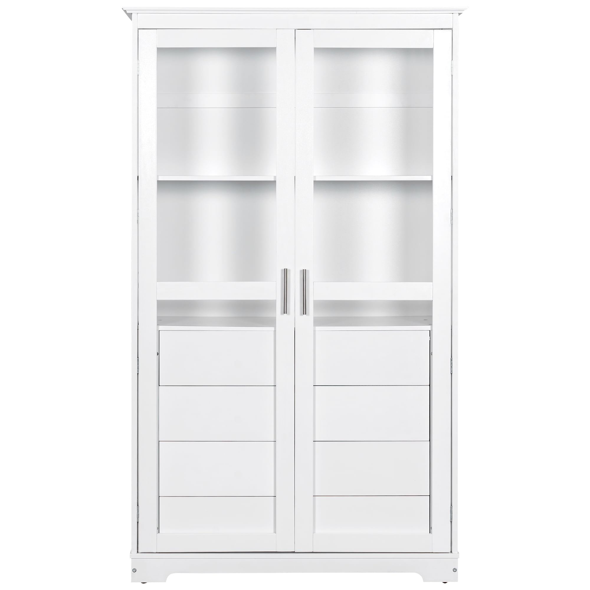 Euroco Extra Large Solid Pine Wood Kitchen Pantry Cabinet with Glass Doors, 4 Drawers & Adjustable Shelf, Freestanding Storage Cabinet – 44.7"W