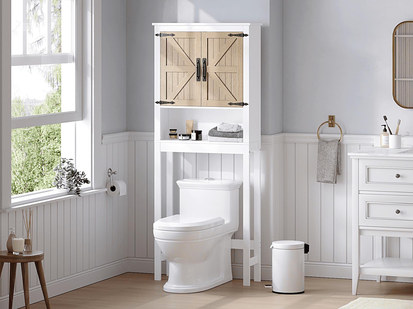 STAROUS Farmhouse Over-Toilet Storage Cabinet with Wood Grain Barn Doors & Adjustable Shelves