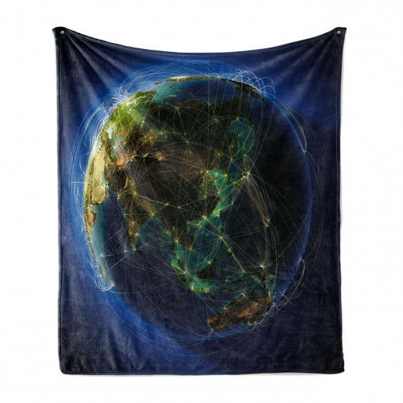 World Soft Flannel Fleece Throw Blanket, Earth Surrounded by Thin Lines Major Air Routes Navigation Trajectory Theme, Cozy Plush for Indoor and Outdoor Use, 60" x 80", Blue Green Brown, by Ambesonne