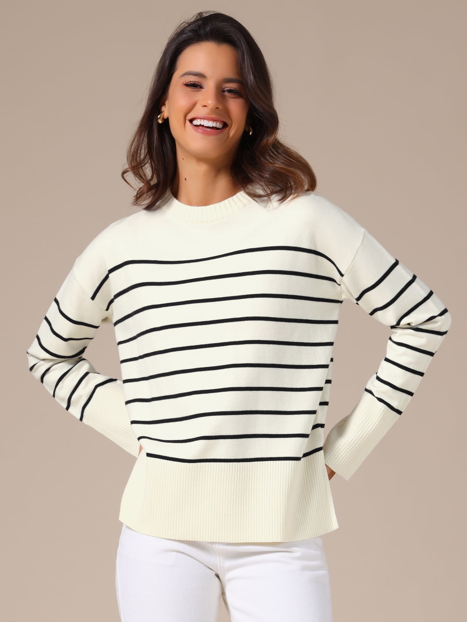 DARING DIVA Women's Striped Pullover Spring Crewneck Knit Sweater M White
