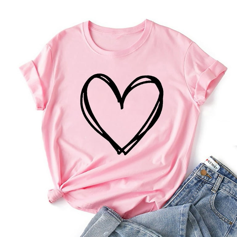Women'S Tops Clearance Heart-Shaped Fun Pattern Short-Sleeved Round Neck  T-Shirt Top Pink Shirts For Women,Pink,L
