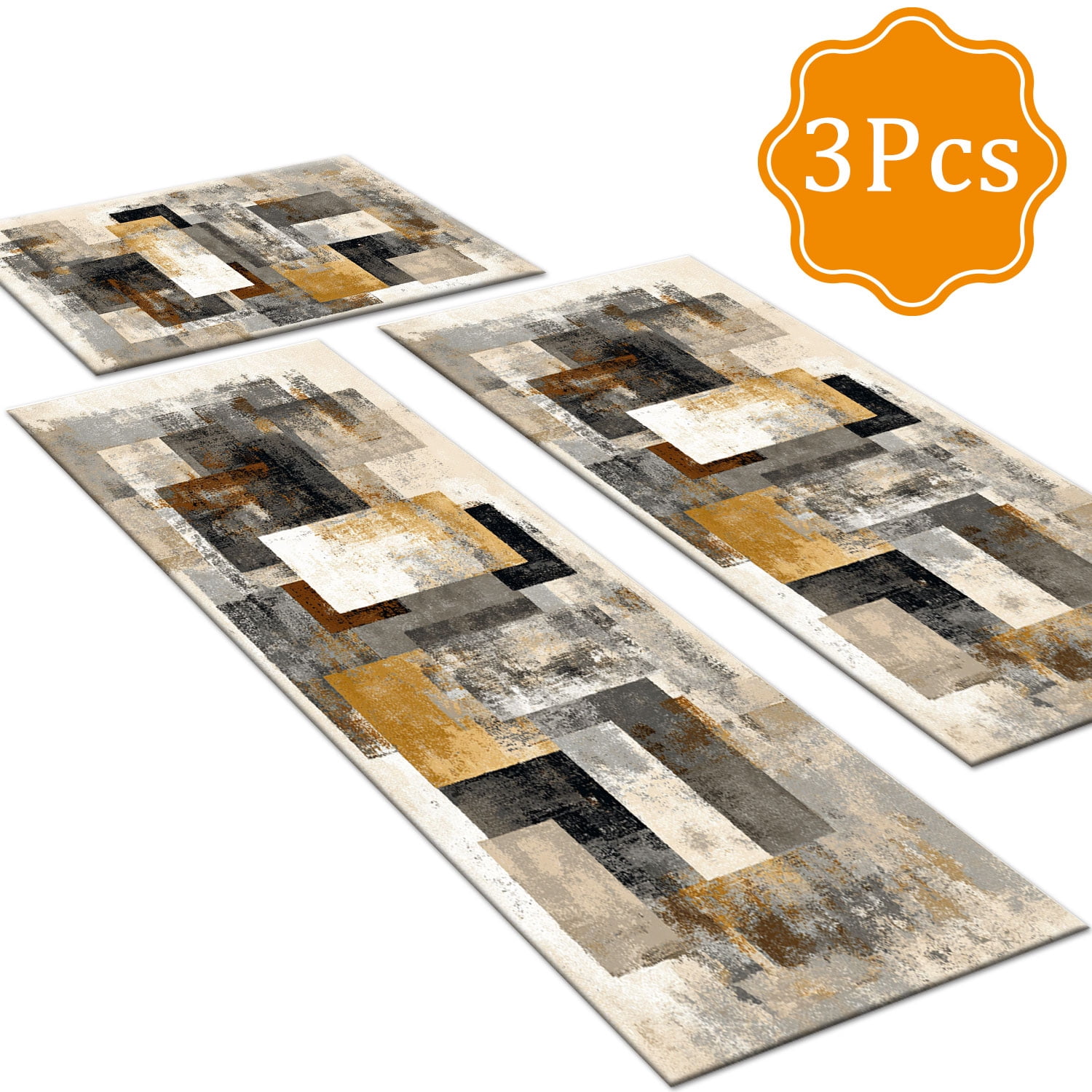 3 Piece Kitchen Rug Set, Non-Slip And Washable, Abstract Pattern Kitchen Hallway Rug, Soft And Comfortable, Suitable For Sinks, Floors, Entrances, Hallways and Bathrooms